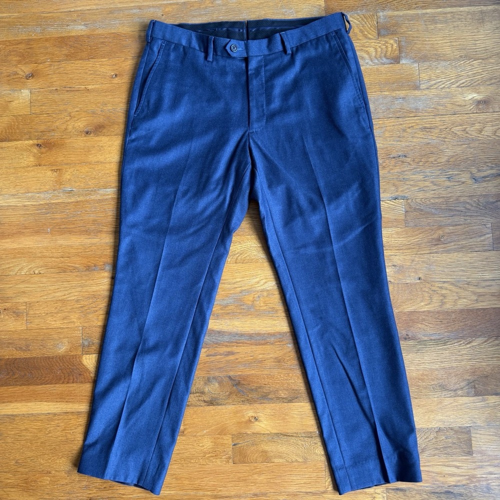 Proper Cloth Mens Wool Melange Flannel Dress Pants 32x27.5 Navy Blue Raw Hem